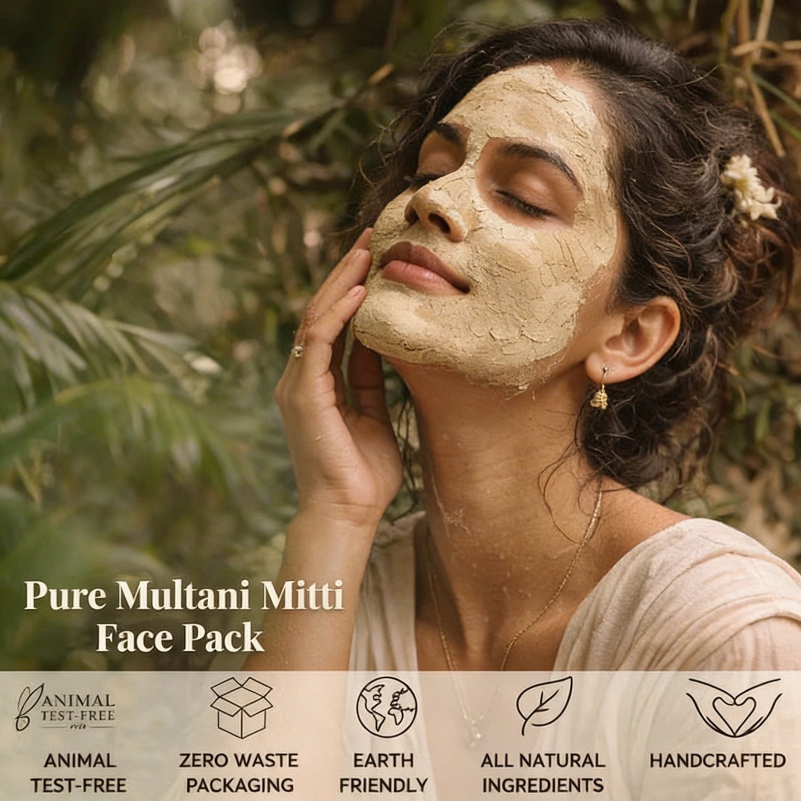 Woman applying Mittiva Multani Mitti face pack in nature